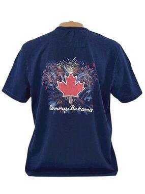 Tommy Bahama Mens LARGE Canada Maple Leaf Fireworks Short Sleeve T-Shirt Blue‎